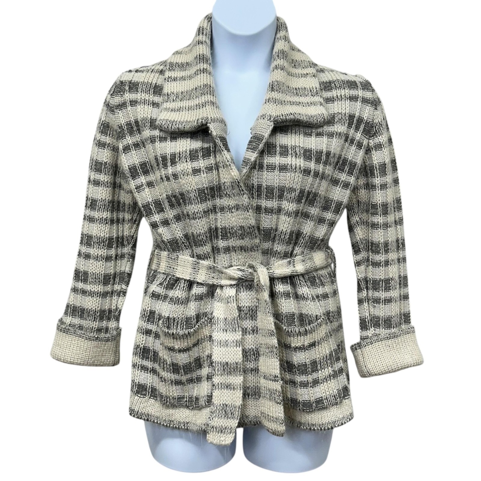 Vintage Sweater Girl Sweater Womens Large Gray White Plaid Belted Cardigan 80s